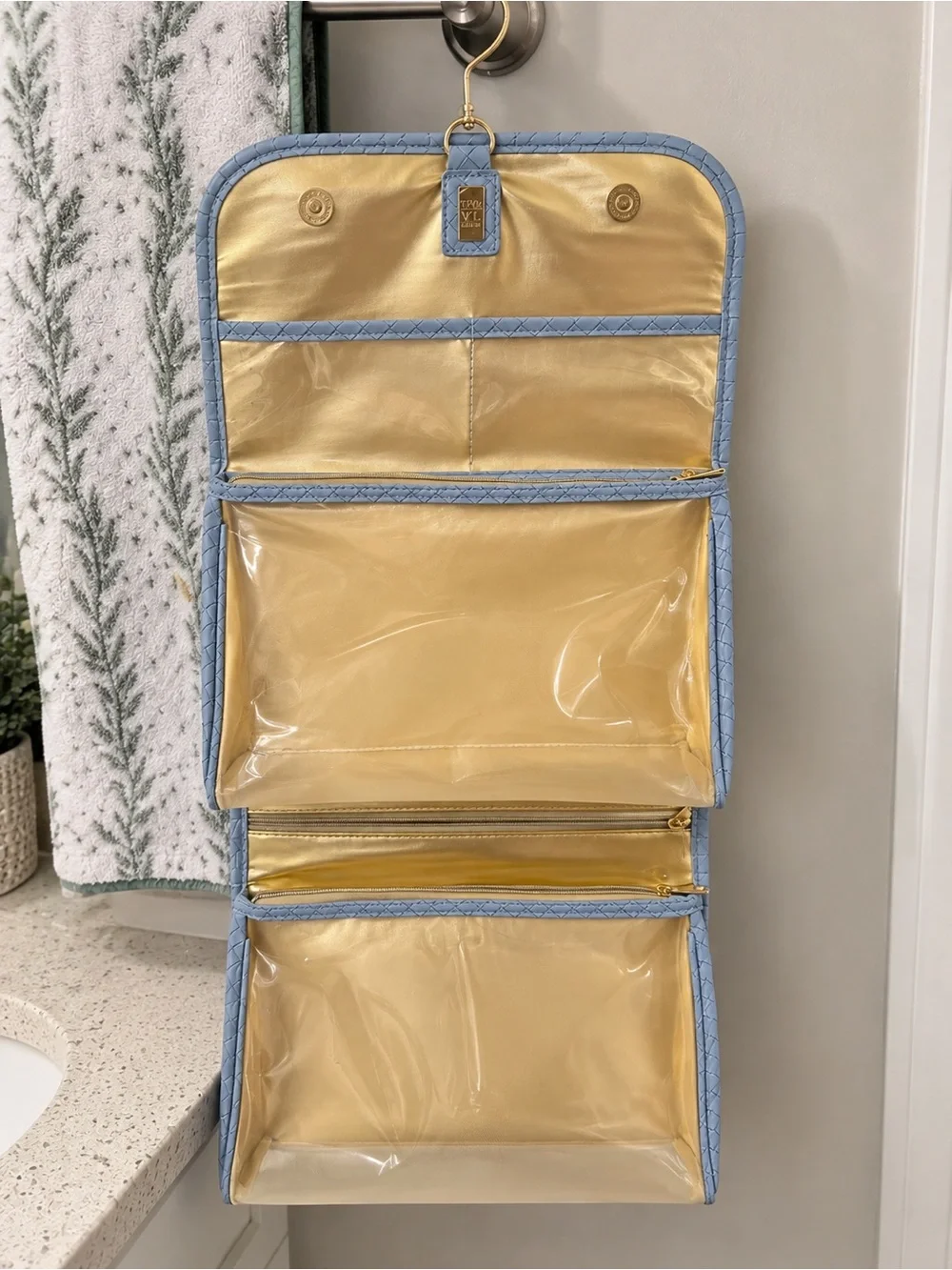TRVL Luxe Woven Hanging Toiletry Cosmetic Travel Organizer Blue Gold
